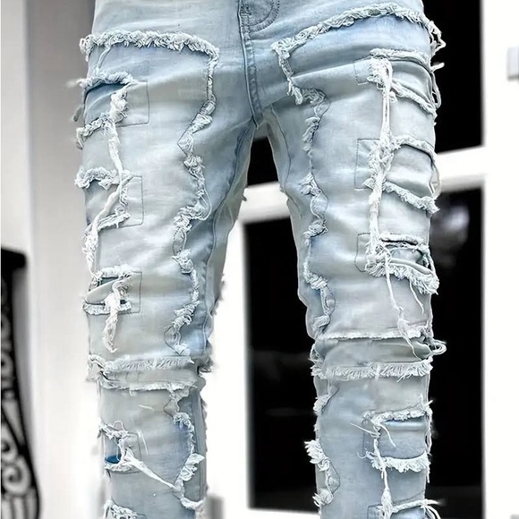 New Mens Stacked distressed grey ice build up Jeans pants - Picture 4 of 12